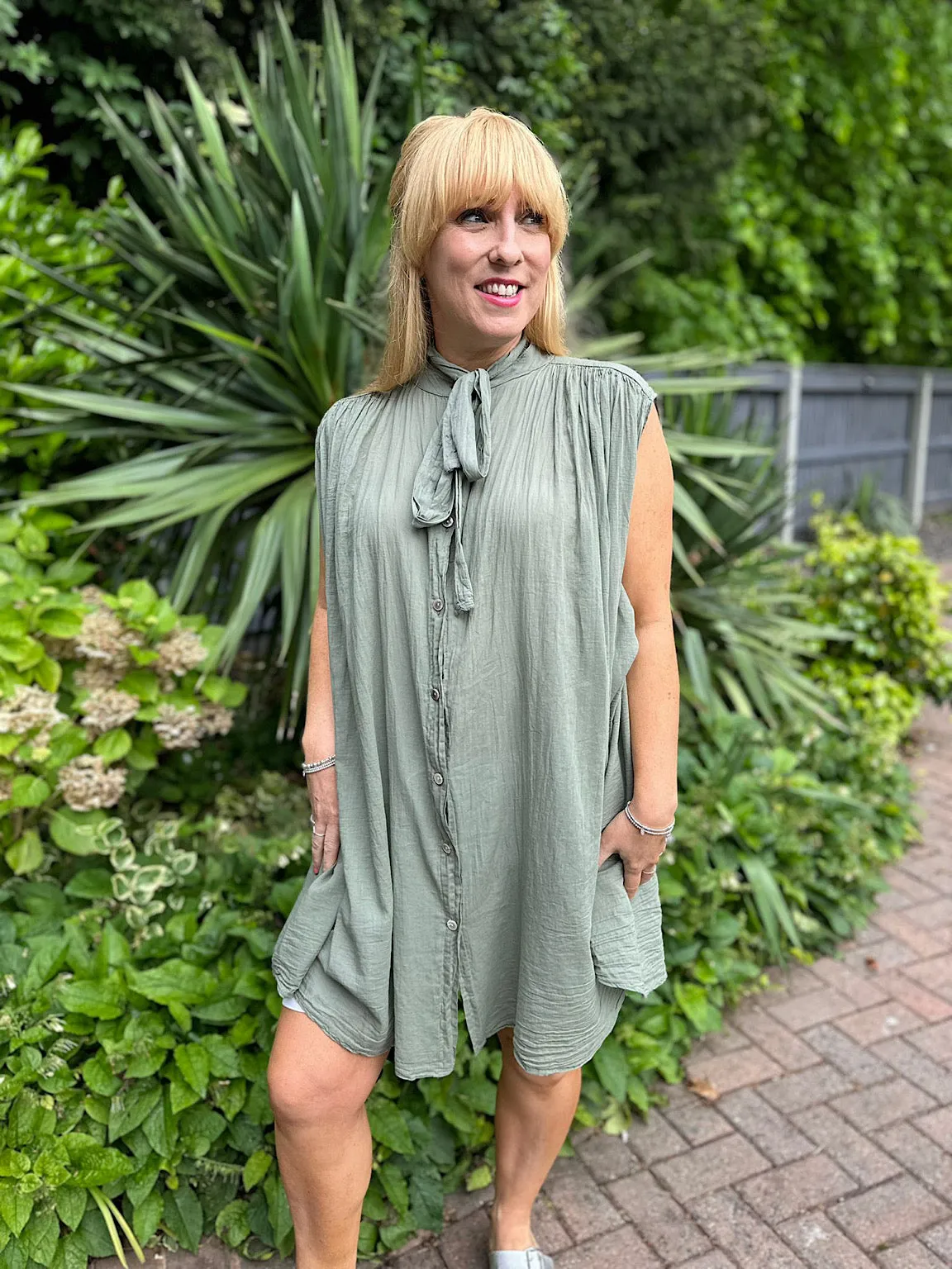 Khaki Lightweight Belted Sleeveless Blouse Eve
