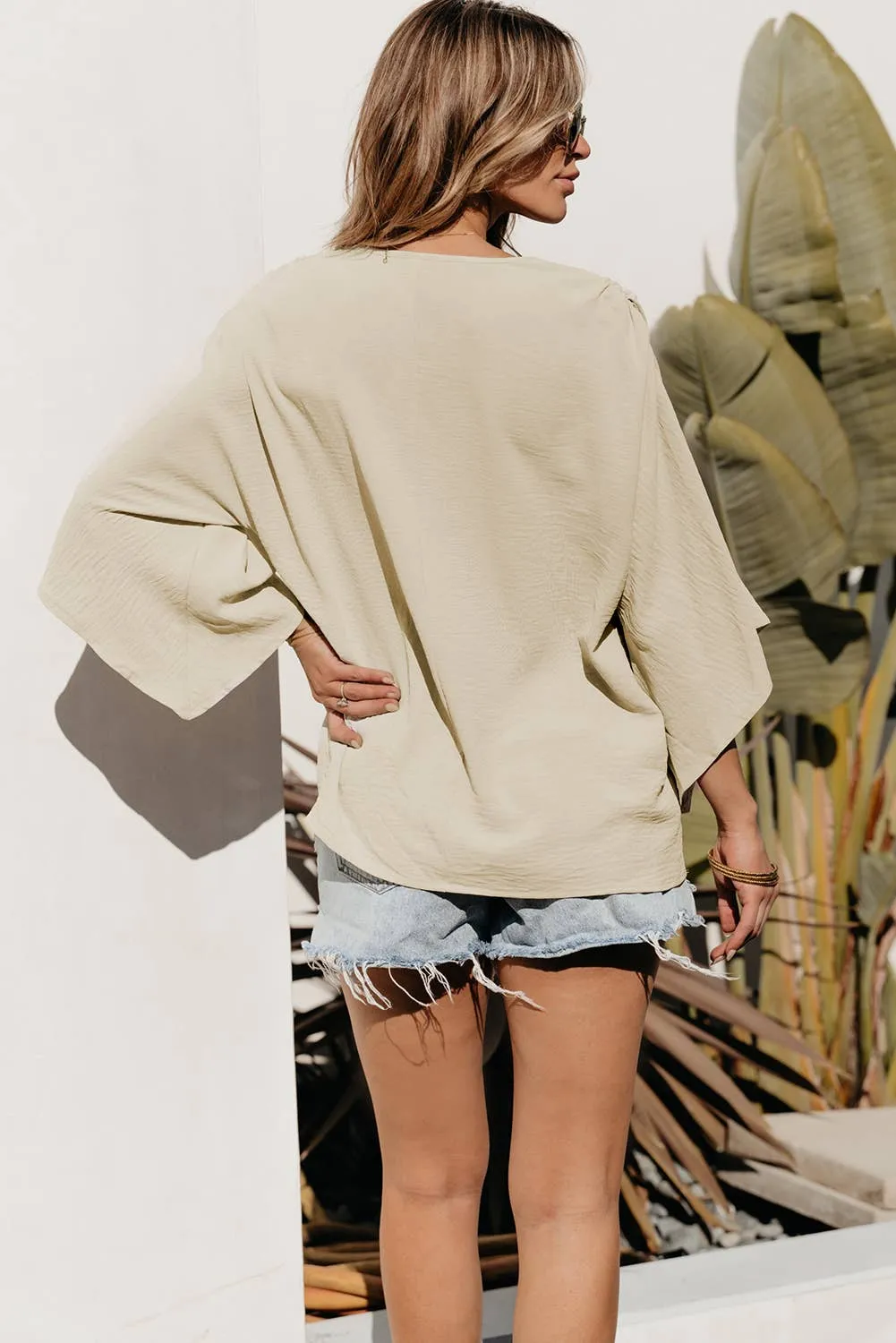 Kimbra - V Neck Wide Sleeve Crinkled Blouse - Parchment