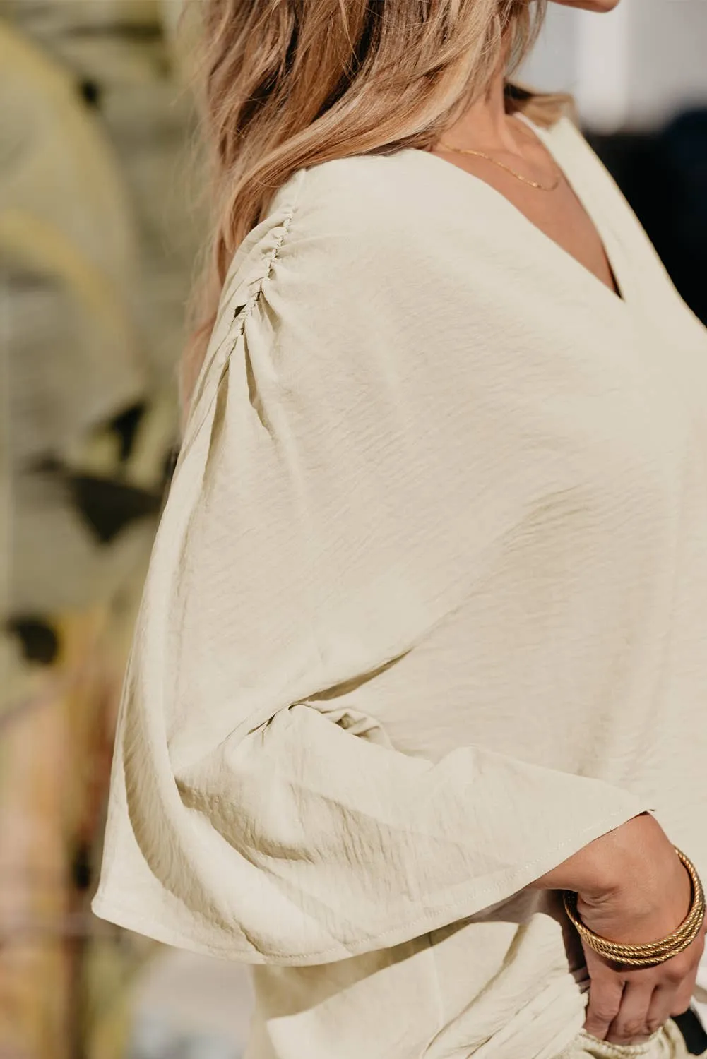 Kimbra - V Neck Wide Sleeve Crinkled Blouse - Parchment