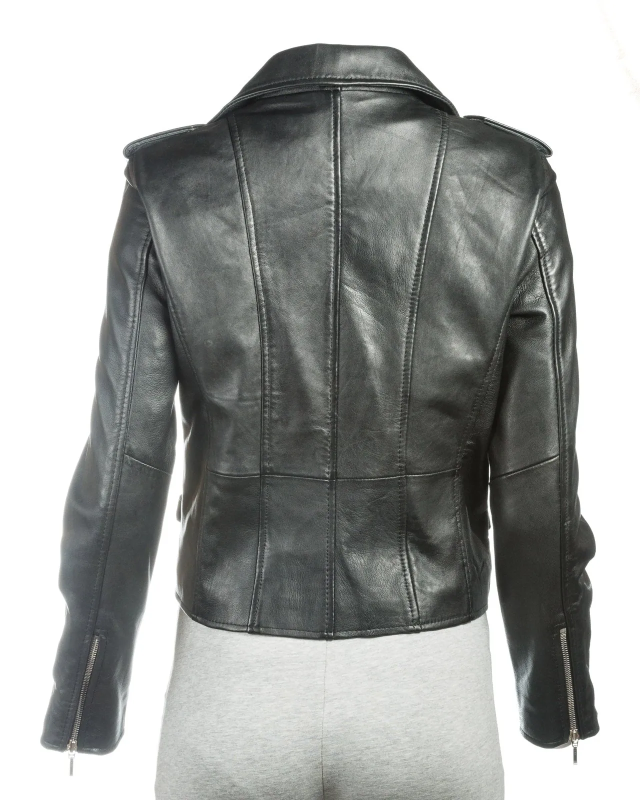 Ladies Tan Buckled Asymmetric Biker Style Leather Jacket: Angelica