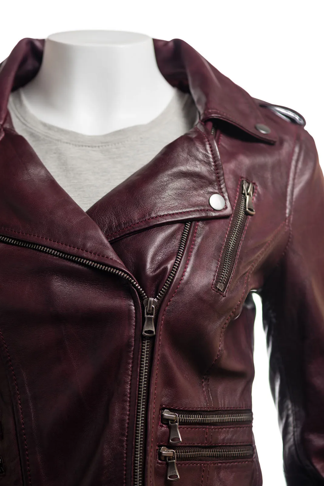 Ladies Tan Buckled Asymmetric Biker Style Leather Jacket: Angelica