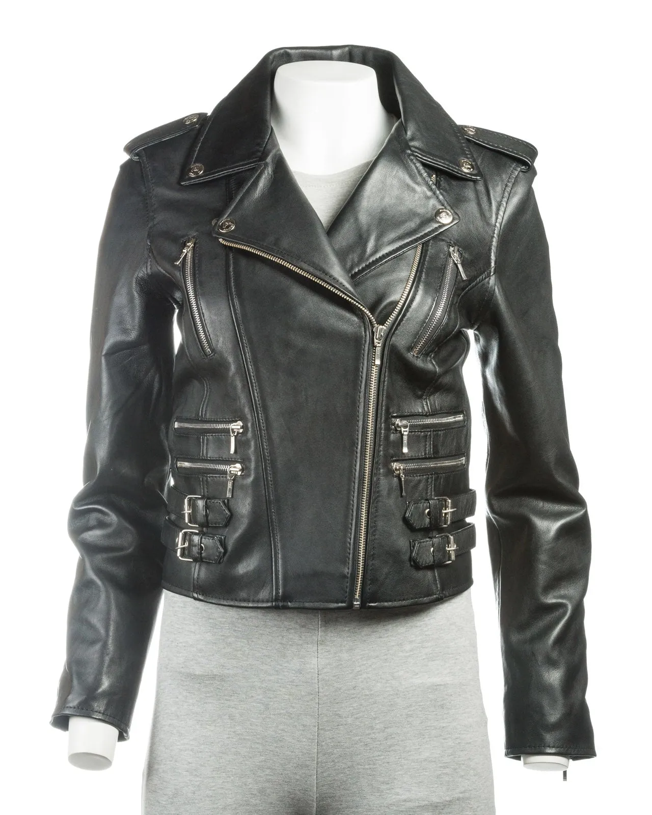Ladies Tan Buckled Asymmetric Biker Style Leather Jacket: Angelica