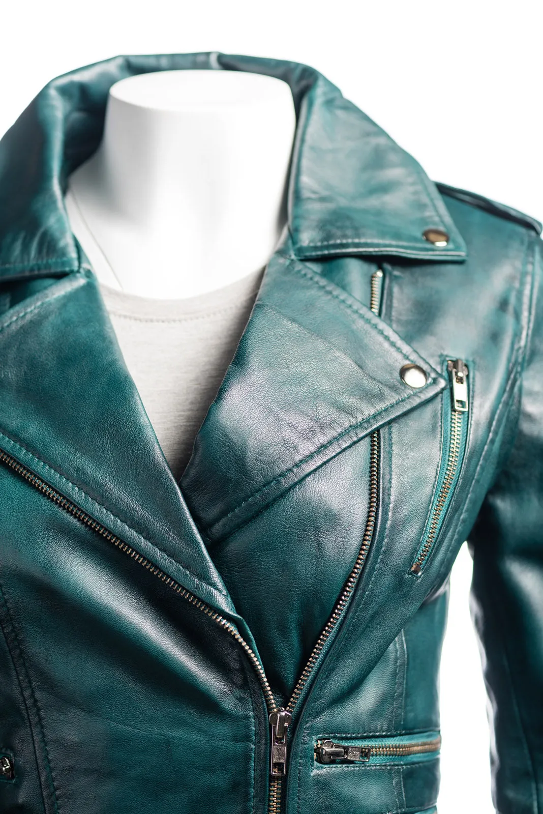 Ladies Tan Buckled Asymmetric Biker Style Leather Jacket: Angelica