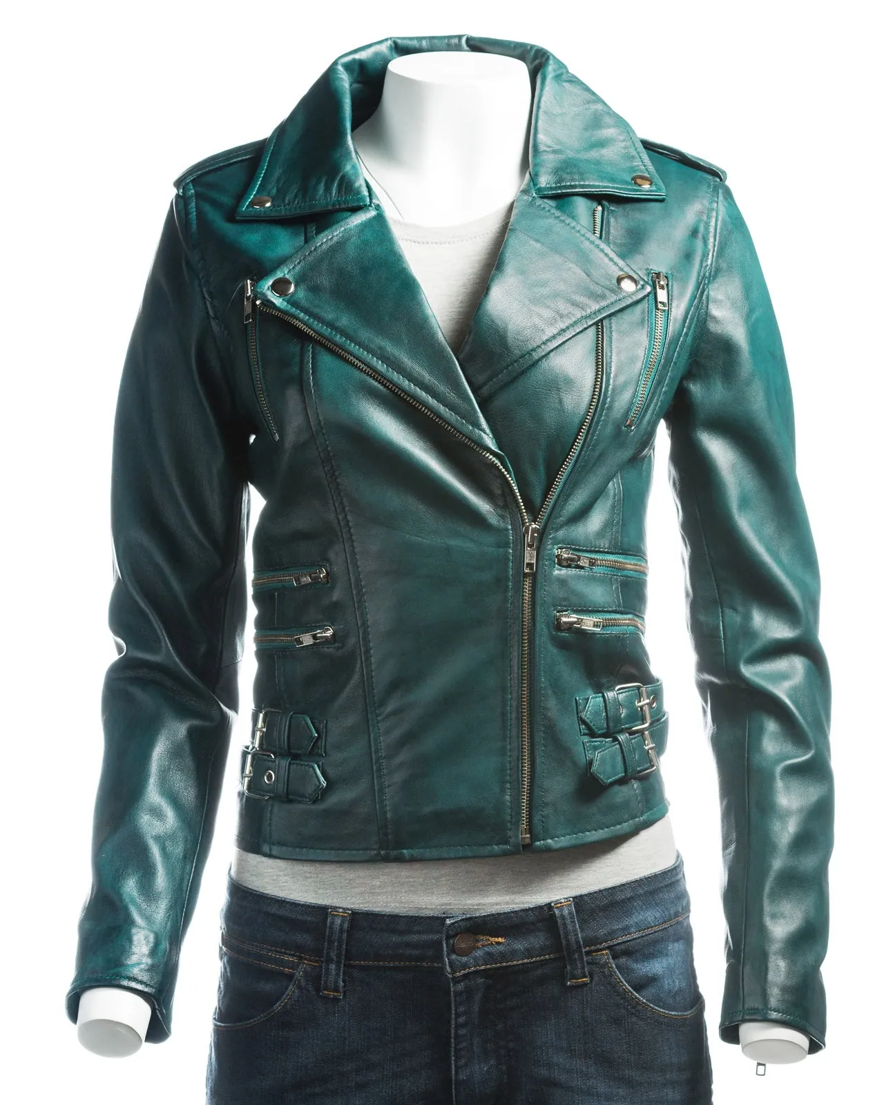 Ladies Tan Buckled Asymmetric Biker Style Leather Jacket: Angelica