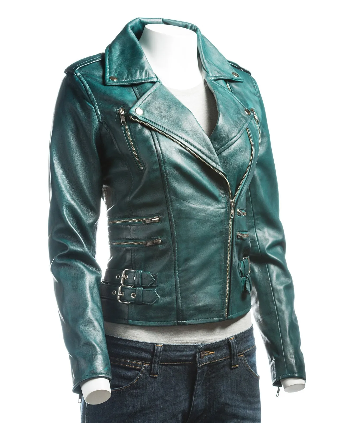 Ladies Tan Buckled Asymmetric Biker Style Leather Jacket: Angelica