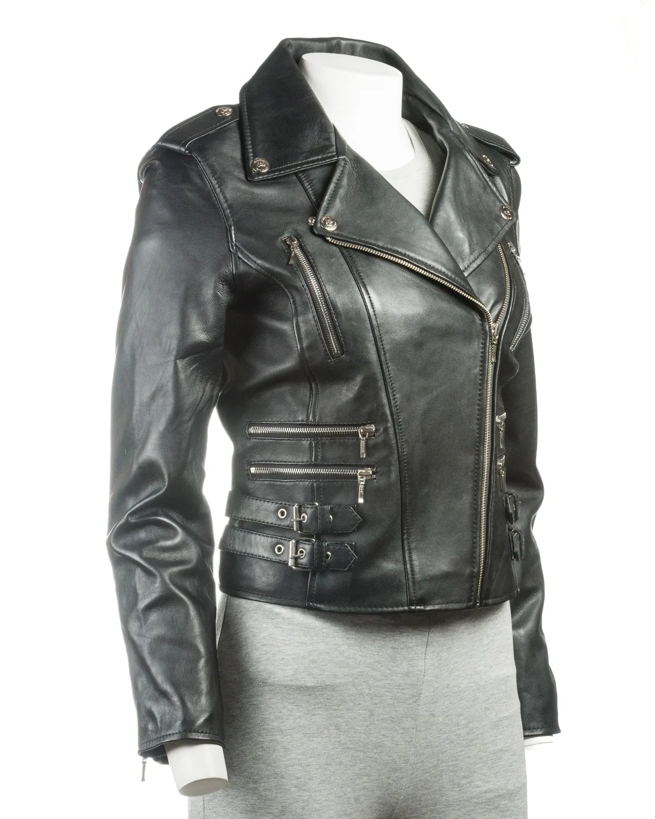 Ladies Tan Buckled Asymmetric Biker Style Leather Jacket: Angelica