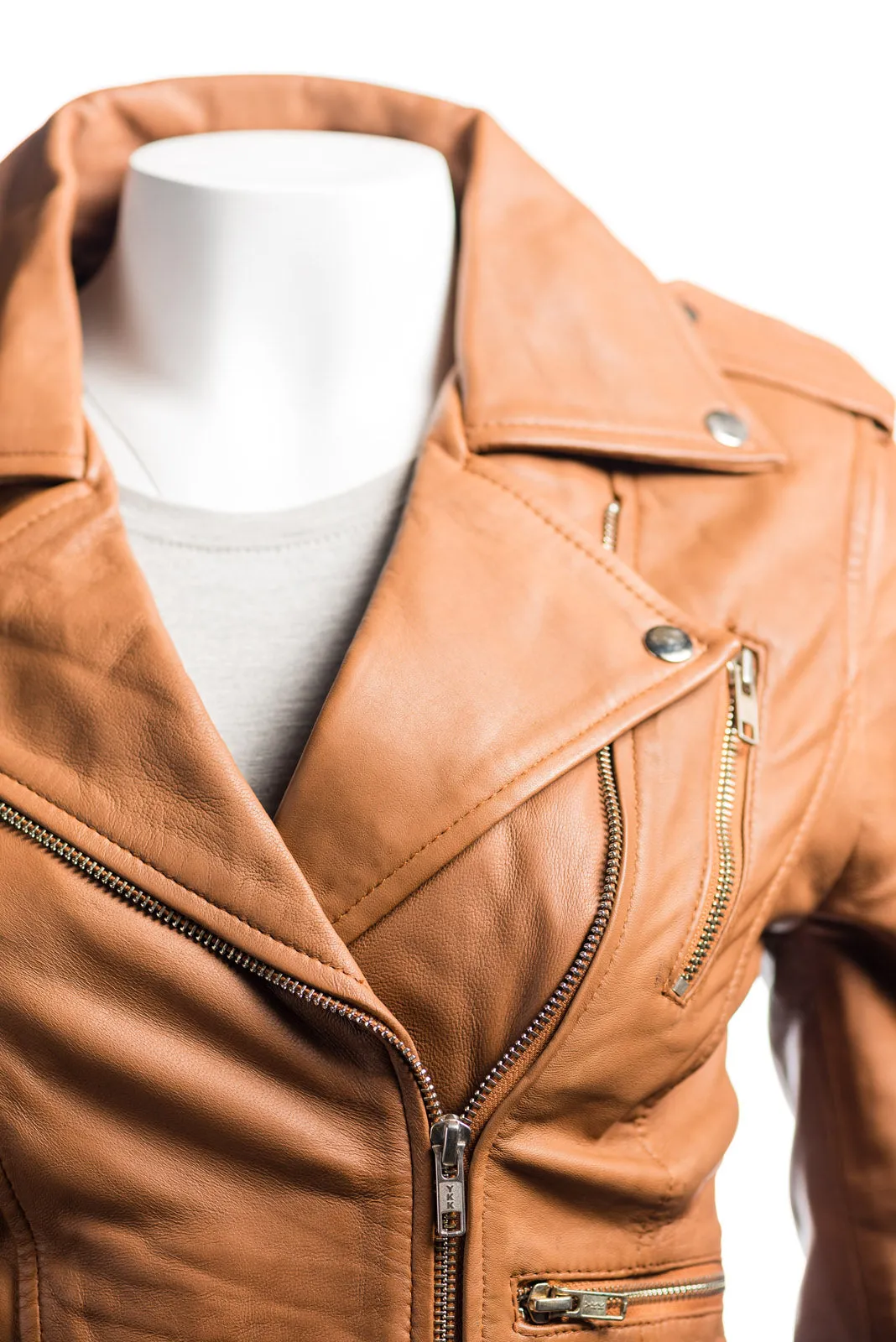 Ladies Tan Buckled Asymmetric Biker Style Leather Jacket: Angelica