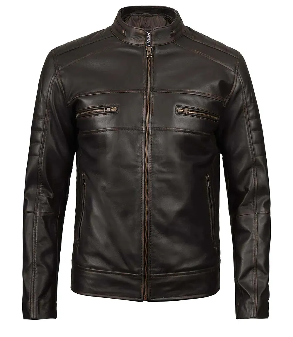 Men's Brown Rub Off Cafe Racer Leather Jacket