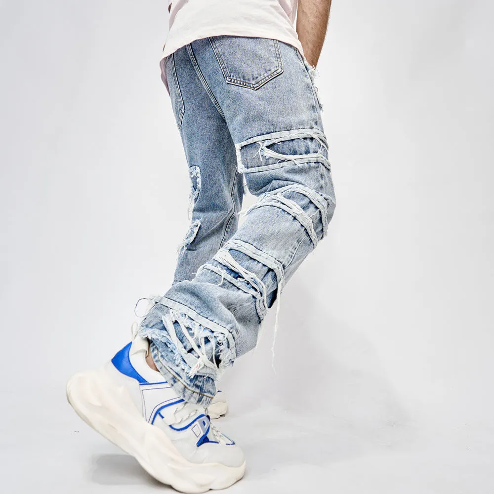 Men's Full-Length Patched Straight Fit Hip Hop Jeans - GlamzLife