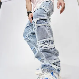 Men's Full-Length Patched Straight Fit Hip Hop Jeans - GlamzLife