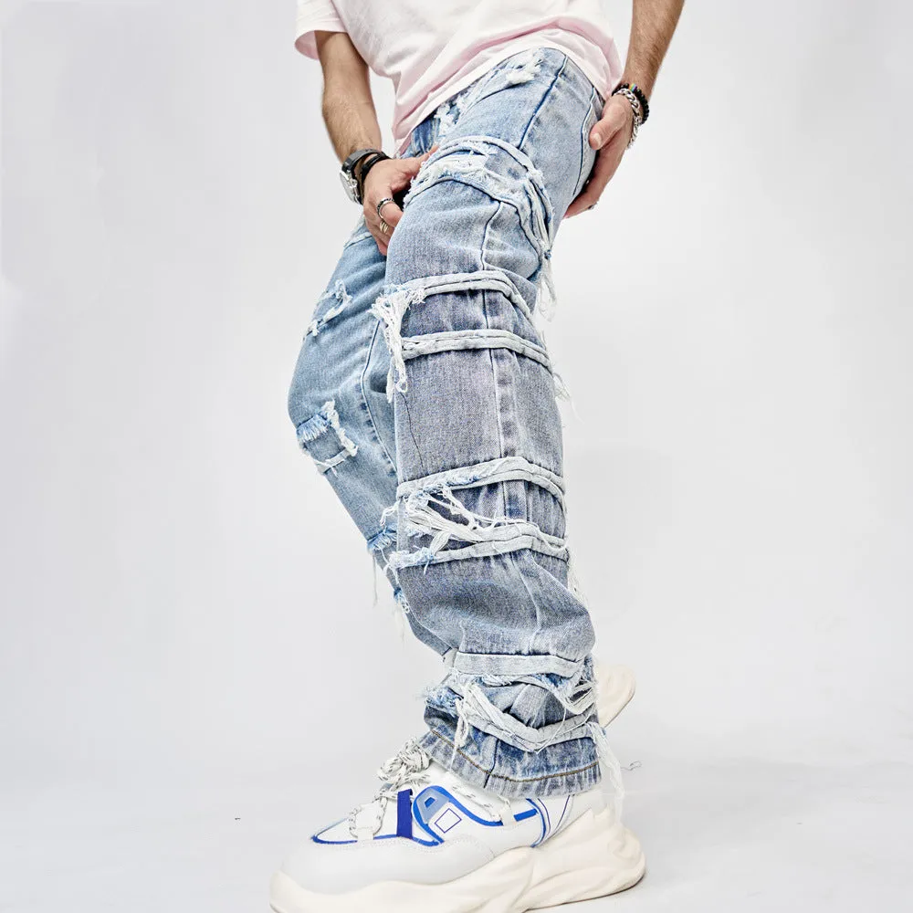 Men's Full-Length Patched Straight Fit Hip Hop Jeans - GlamzLife