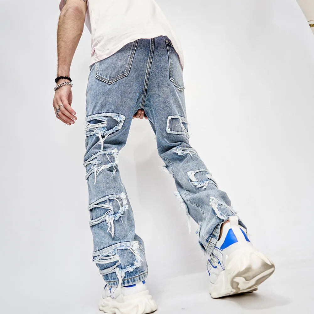 Men's Full-Length Patched Straight Fit Hip Hop Jeans - GlamzLife
