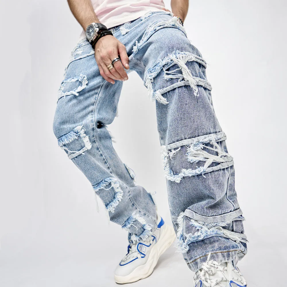 Men's Full-Length Patched Straight Fit Hip Hop Jeans - GlamzLife