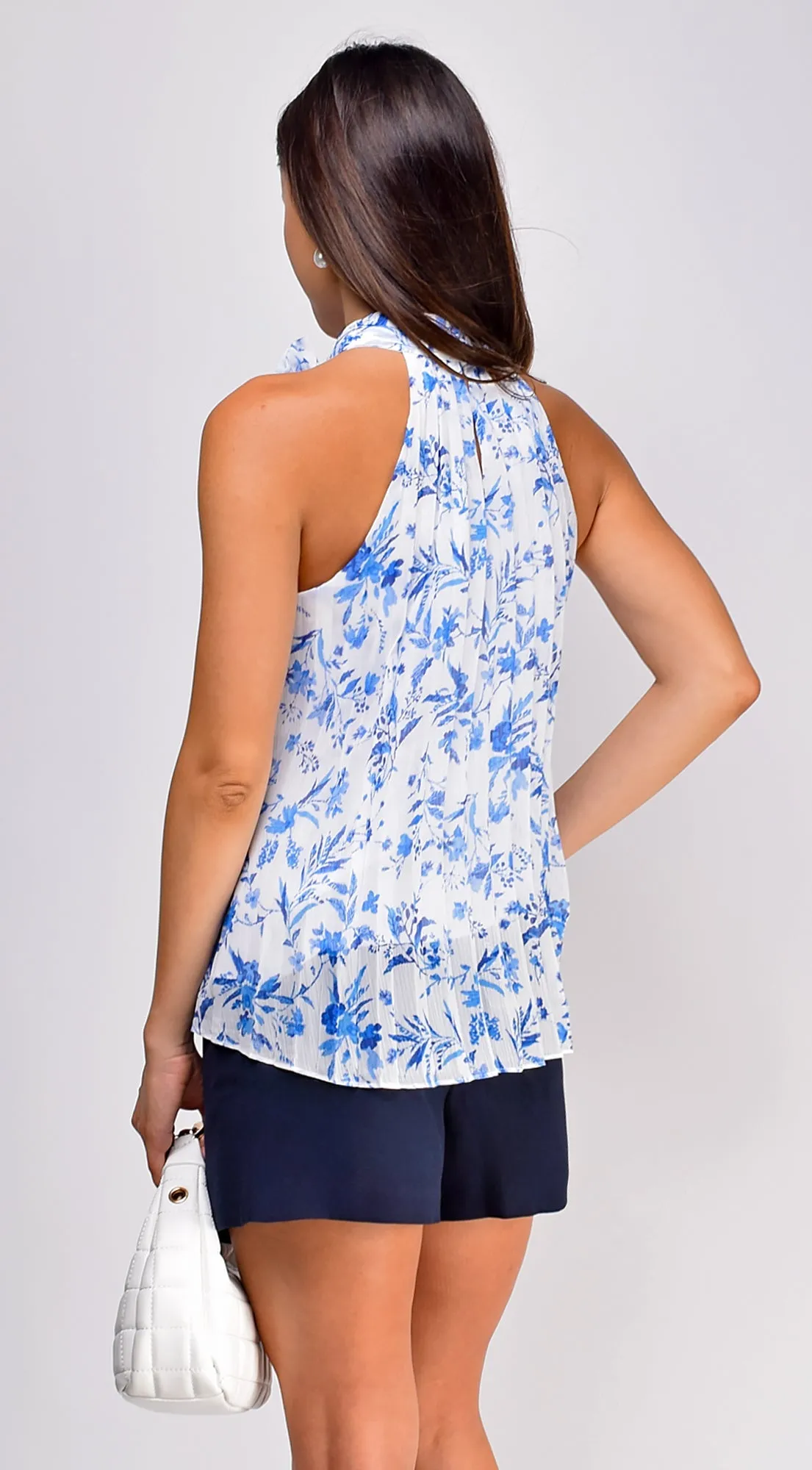 Millie Floral Print Pleated Halter Rosette Top - Blue