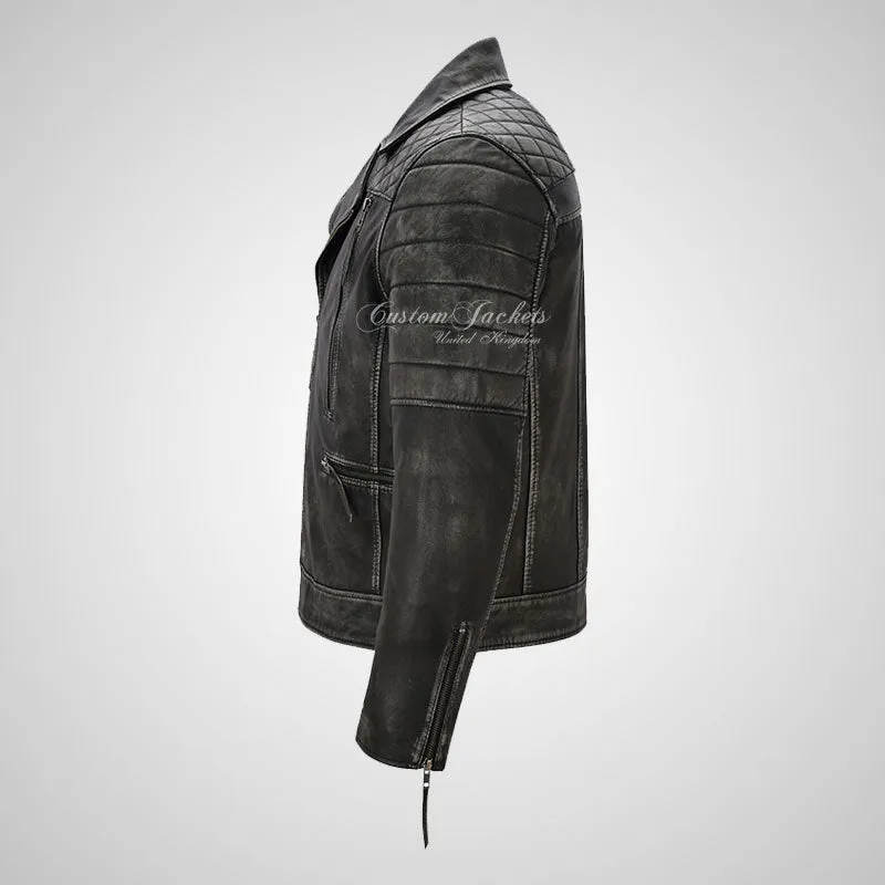 NOLEN Mens Leather Biker Jacket Vintage Black Waxed Leather