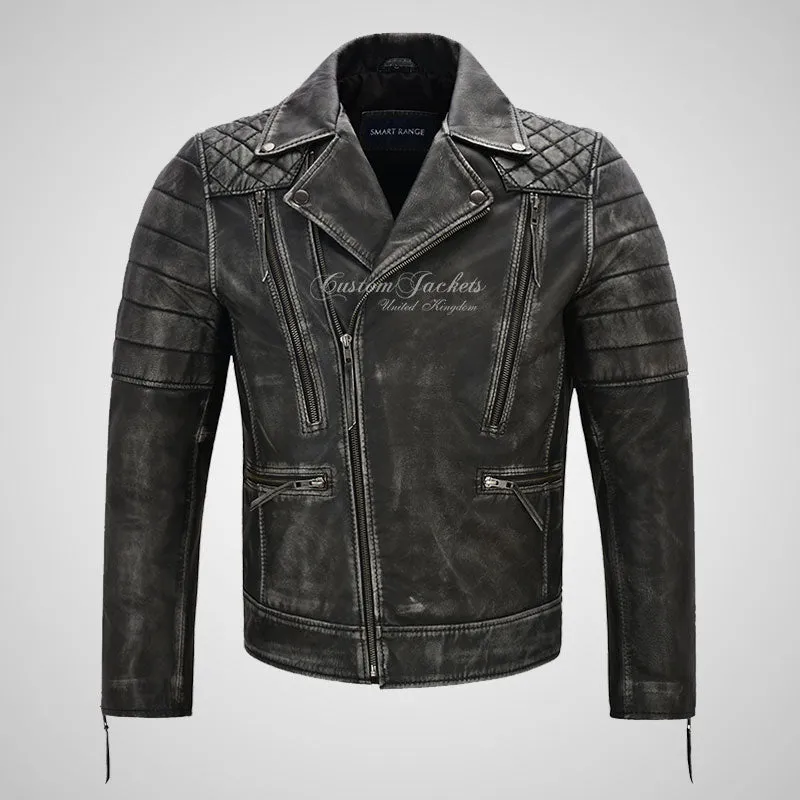 NOLEN Mens Leather Biker Jacket Vintage Black Waxed Leather