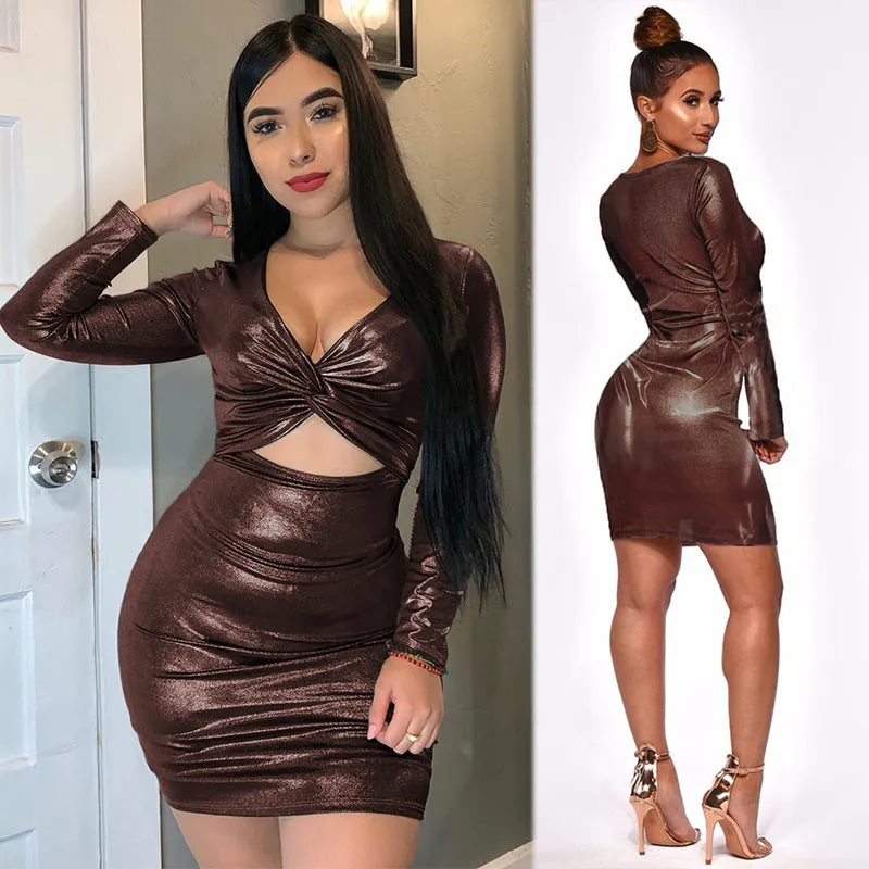 Off Shoulder Long Sleeves Deep V-neck Split Short Dress
