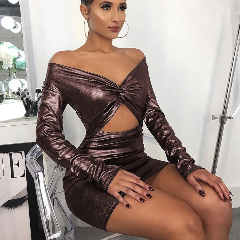 Off Shoulder Long Sleeves Deep V-neck Split Short Dress