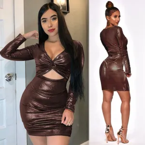 Off Shoulder Long Sleeves Deep V-neck Split Short Dress