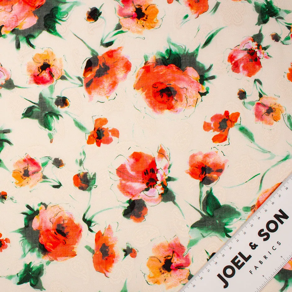 Orange Poppy Printed Peach Cotton Voile Jacquard (A 3m Piece)