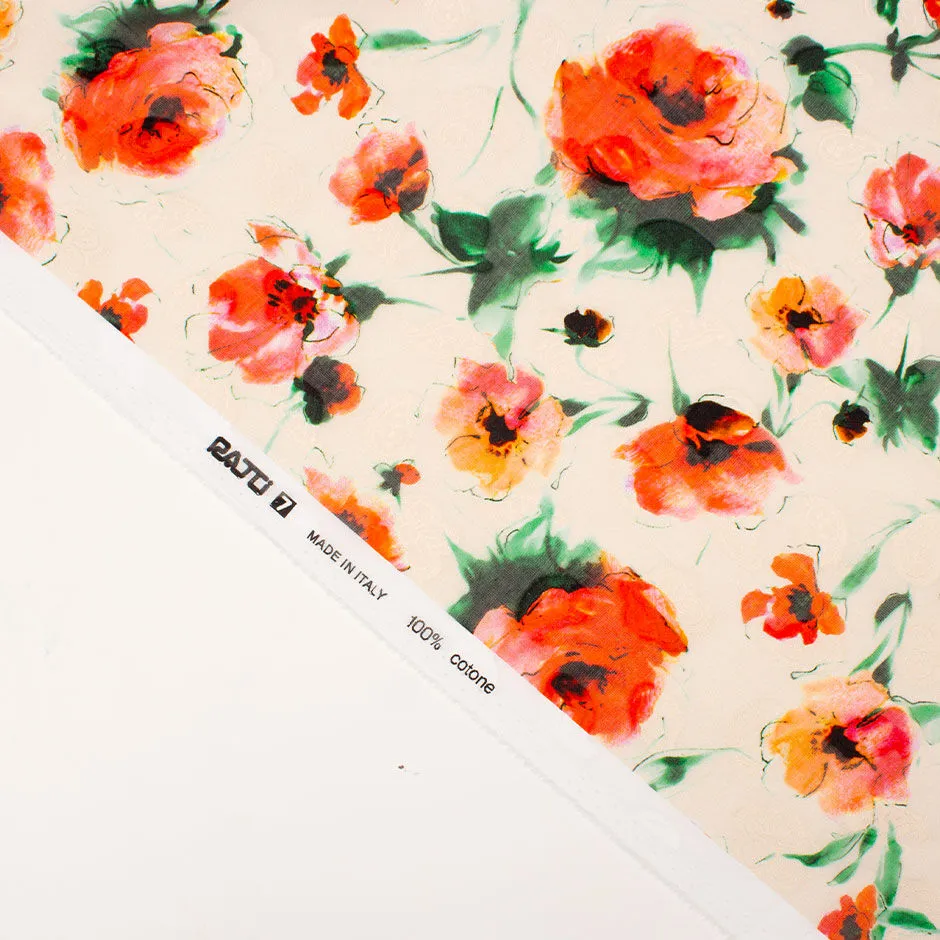 Orange Poppy Printed Peach Cotton Voile Jacquard (A 3m Piece)