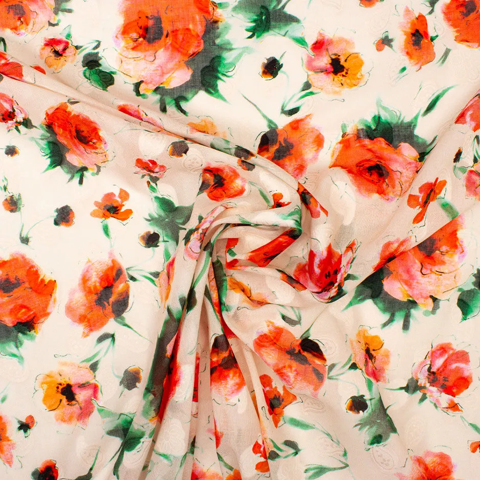 Orange Poppy Printed Peach Cotton Voile Jacquard (A 3m Piece)