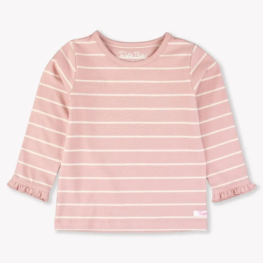 Pale Mauve & Ivory Stripe Knit Ruffle Long Sleeve Top