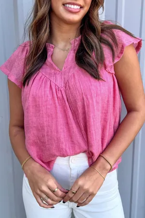 Pink Textured V Neck Flutter Sleeve Blouse