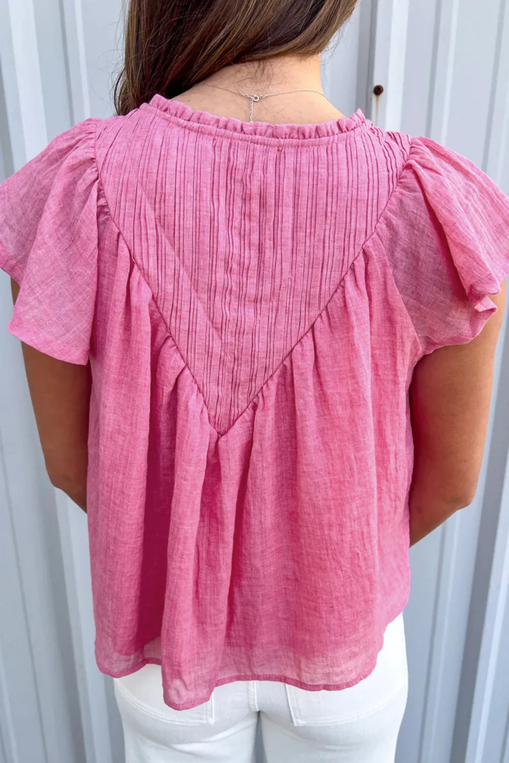 Pink Textured V Neck Flutter Sleeve Blouse