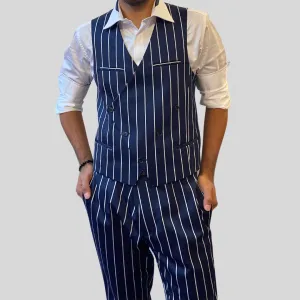 Pinstripe Stretch Cotton Vest - Navy