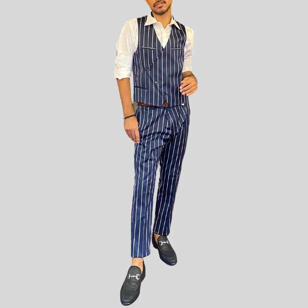 Pinstripe Stretch Cotton Vest - Navy