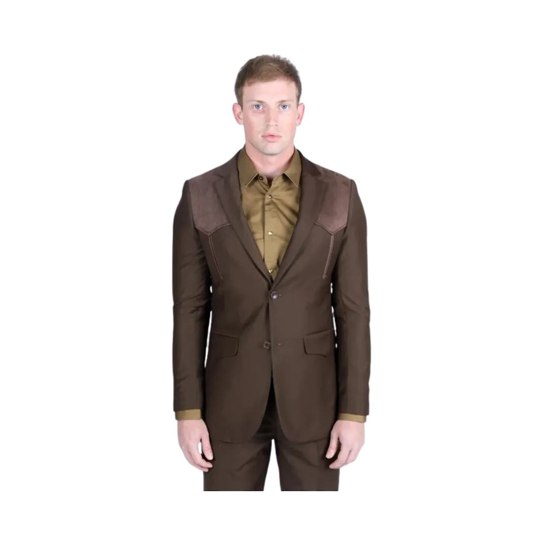 Platini Men's Western With Suede Yokes And Elbow Patches Dark Brown Suit Sport Coat