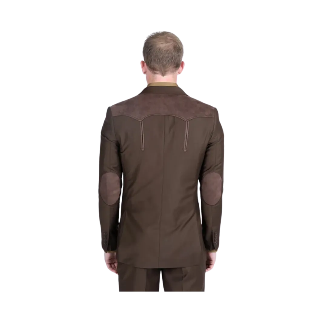 Platini Men's Western With Suede Yokes And Elbow Patches Dark Brown Suit Sport Coat