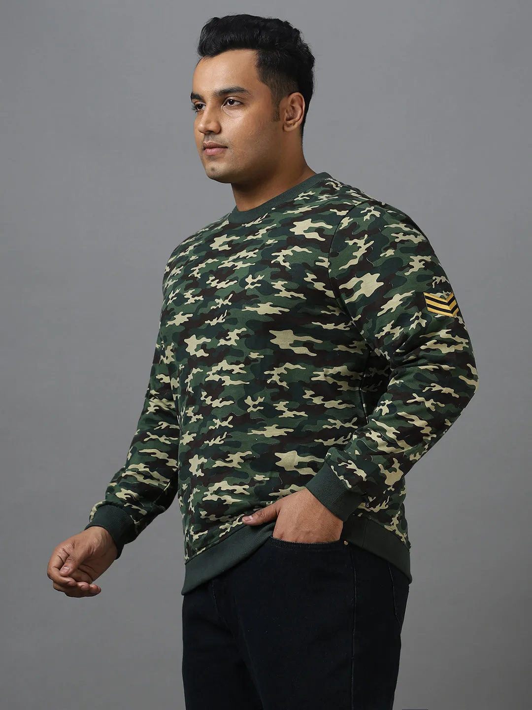 Plus Men's Green Cotton Camouflage Printed Round Neck Sweatshirt