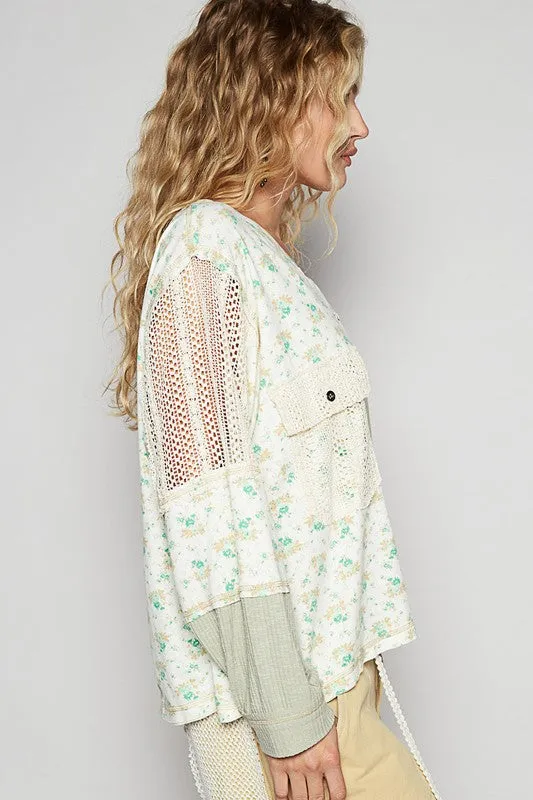 POL Floral Femininity Top- Sage/Ivory