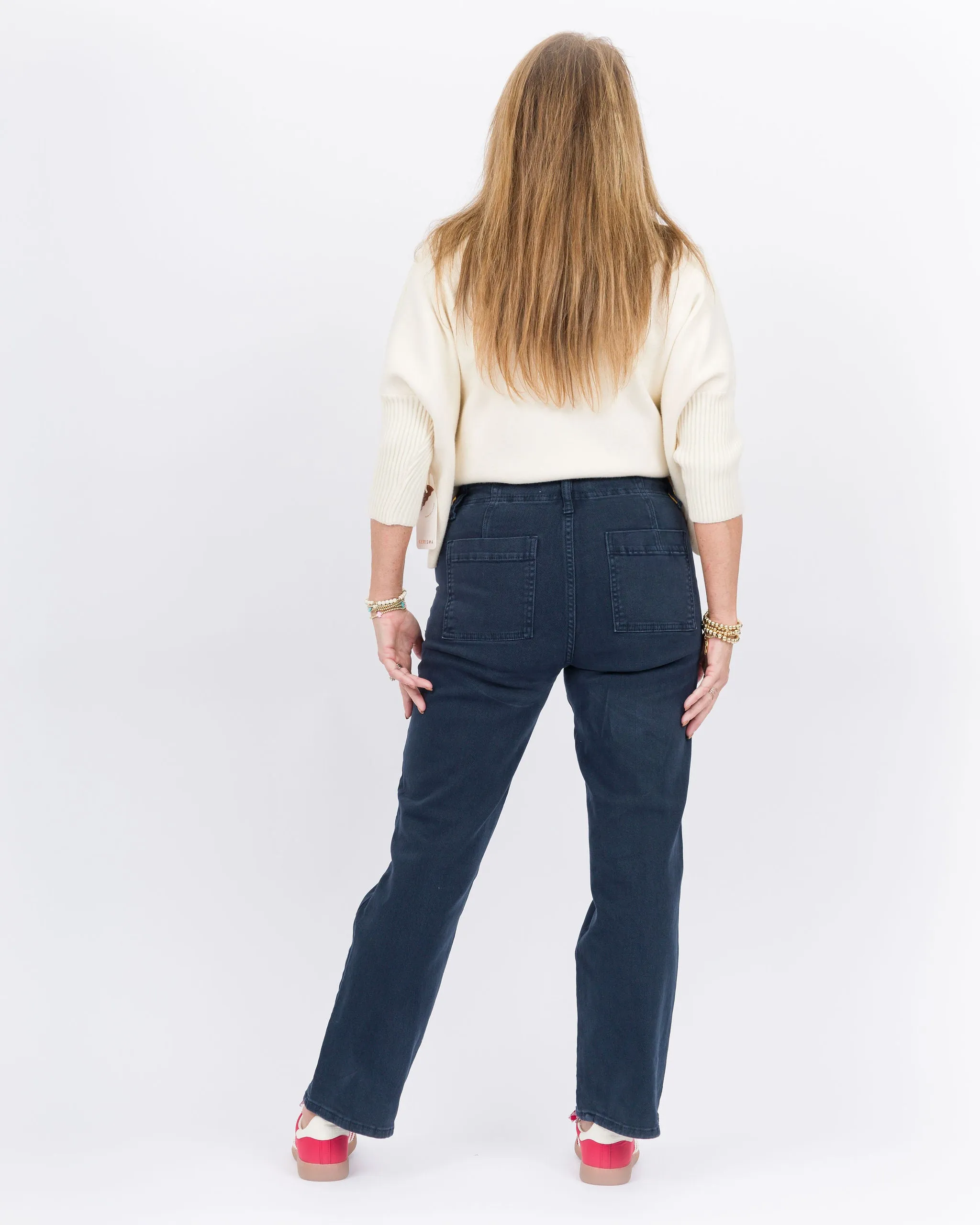 Risen High Rise Patch Pocket Ankle Flare Pants- Blueberry
