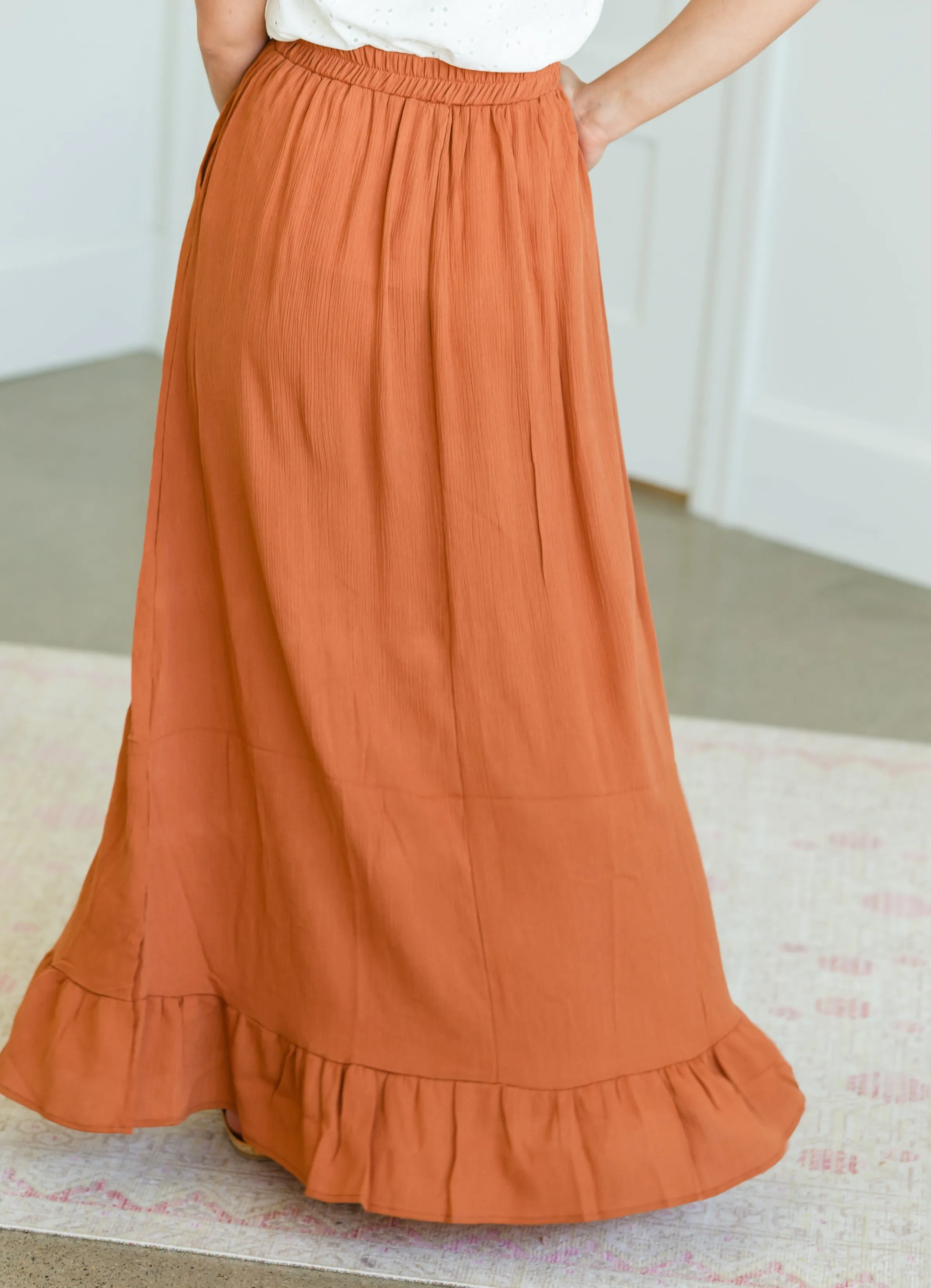 Rust Ruffle Hem Stretch Waist Maxi Skirt