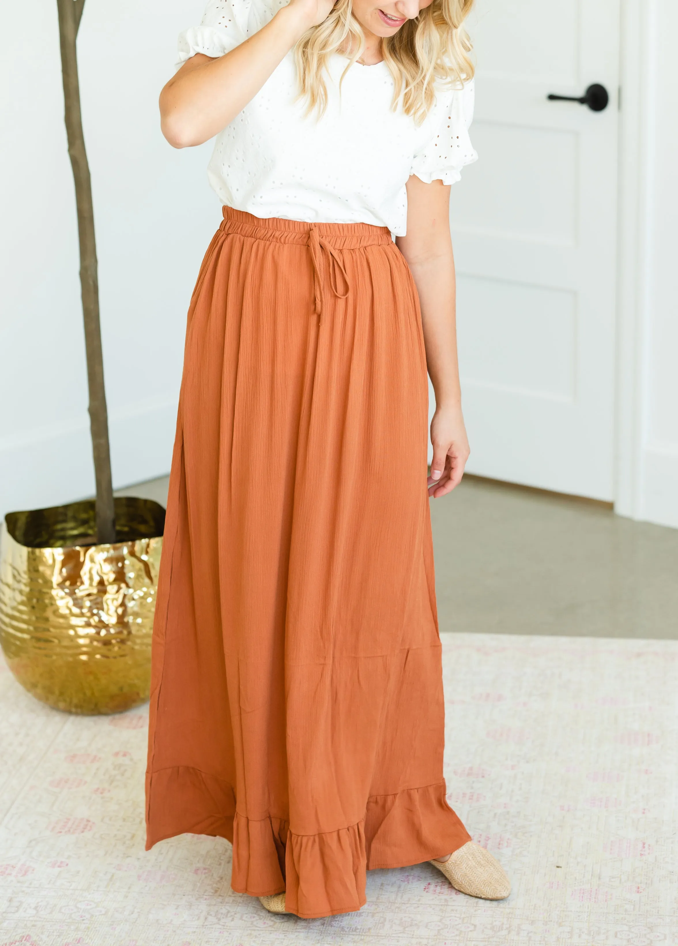 Rust Ruffle Hem Stretch Waist Maxi Skirt