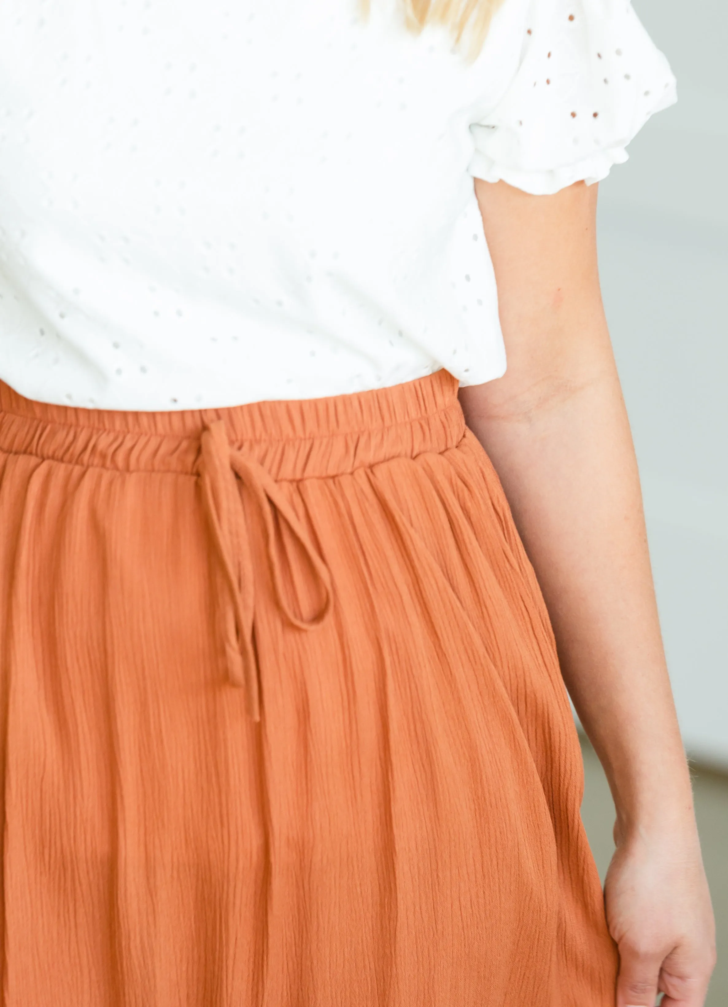Rust Ruffle Hem Stretch Waist Maxi Skirt
