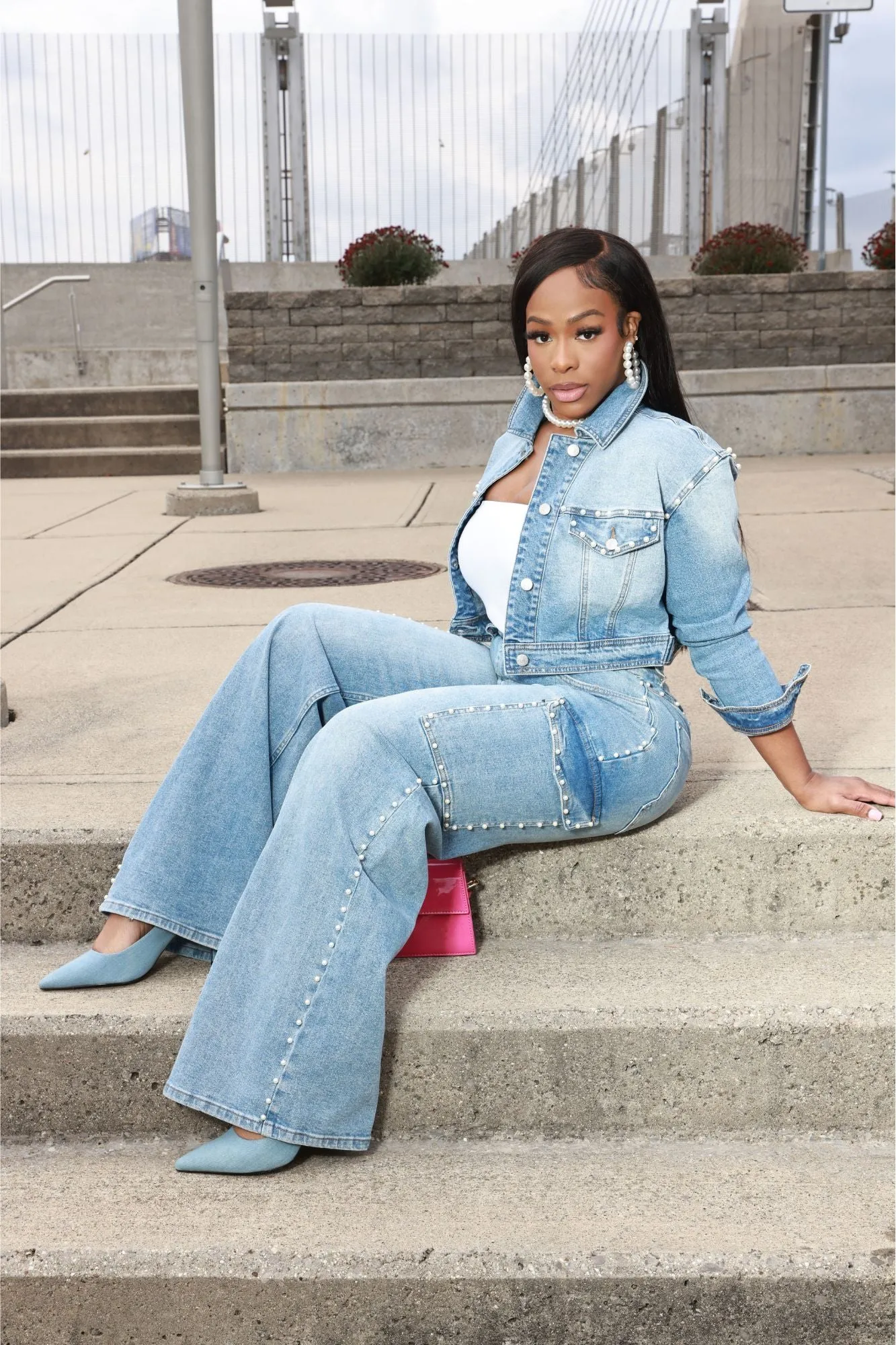 Silver Tongue Pearl Studded Denim Jacket - Med Wash