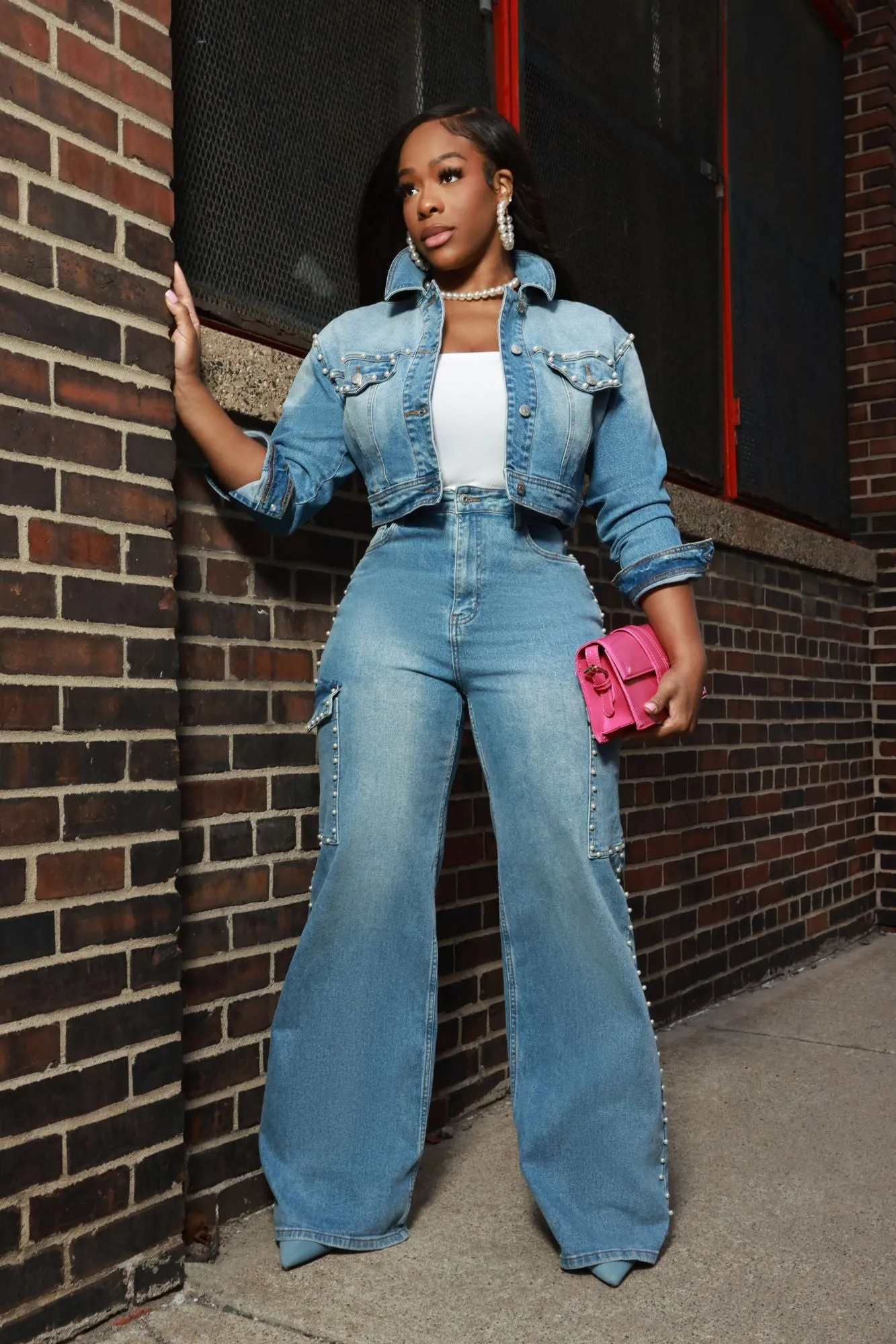 Silver Tongue Pearl Studded Denim Jacket - Med Wash