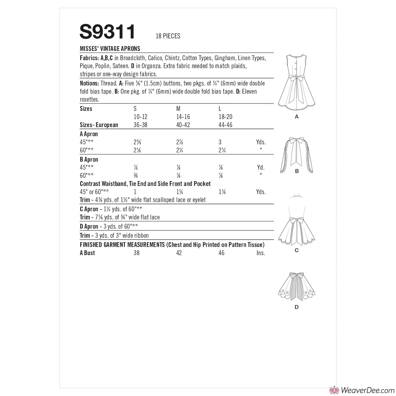 Simplicity Pattern S9311 Misses' Vintage 1950s Aprons