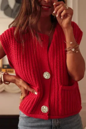 Solid  Knit Side Pockets Buttoned Sweater Vest
