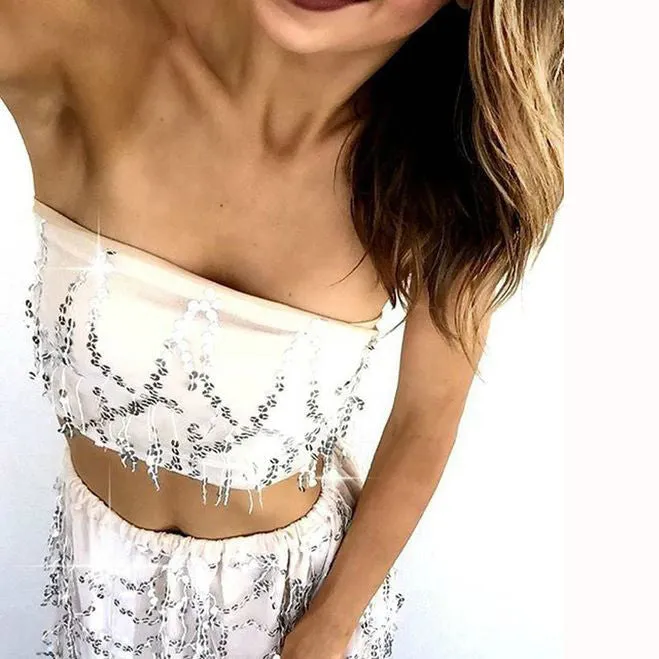 Strapless Crop Top Short Skirt Melon Seeds Sequin Dress Set
