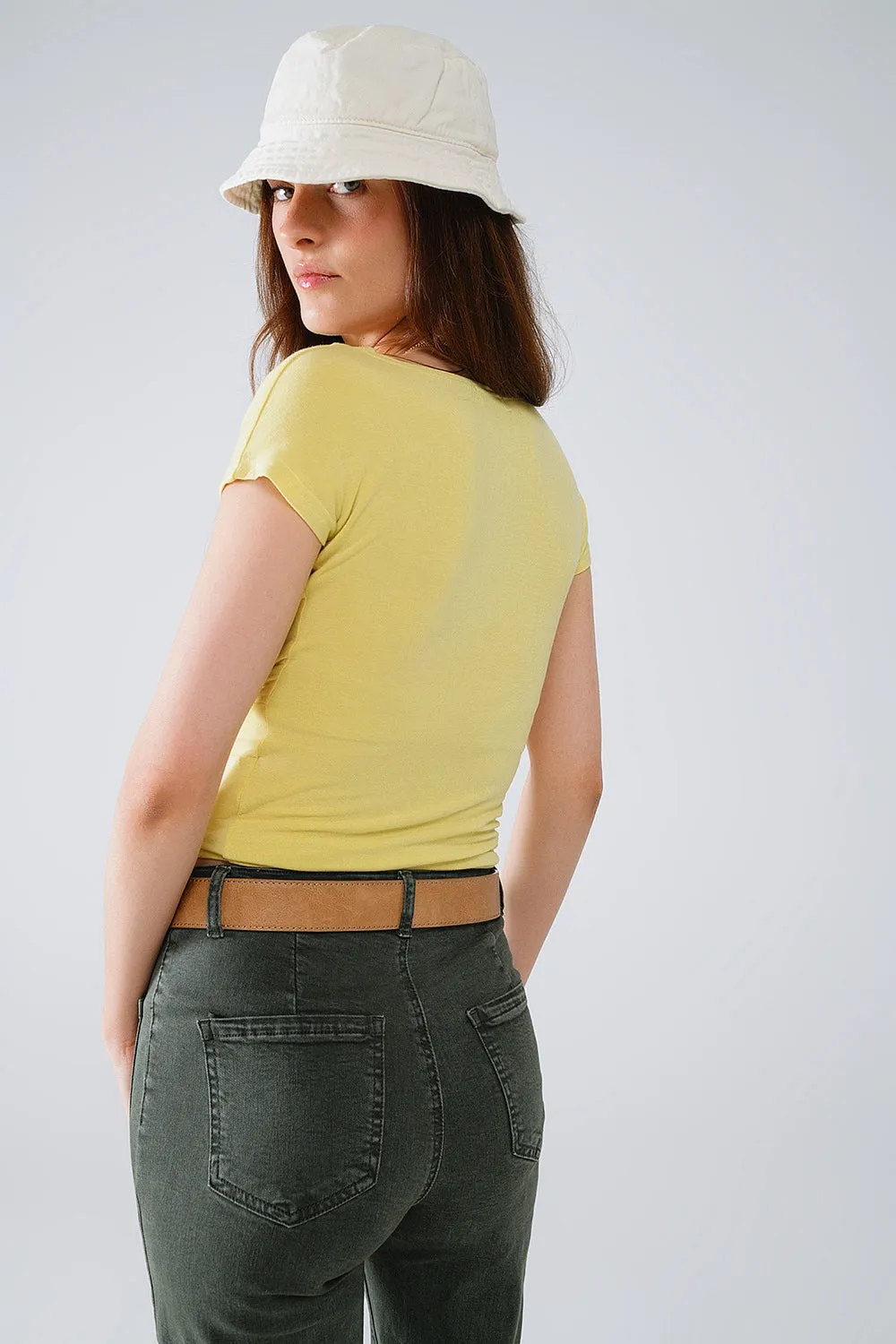V-neck crossed drapped fitted top with cap sleeves in light lime