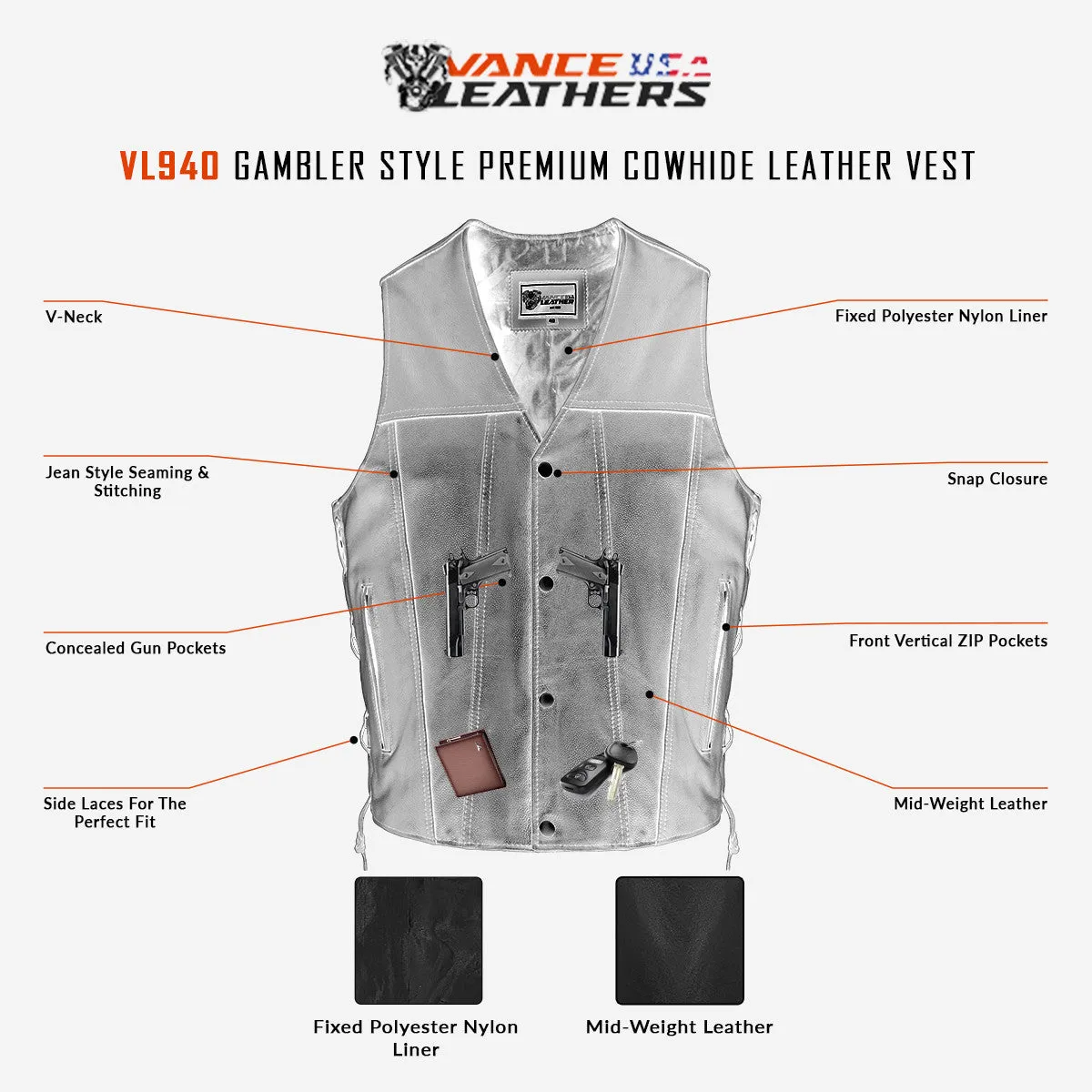 Vance Leather Gambler Style Premium Cowhide Leather Vest