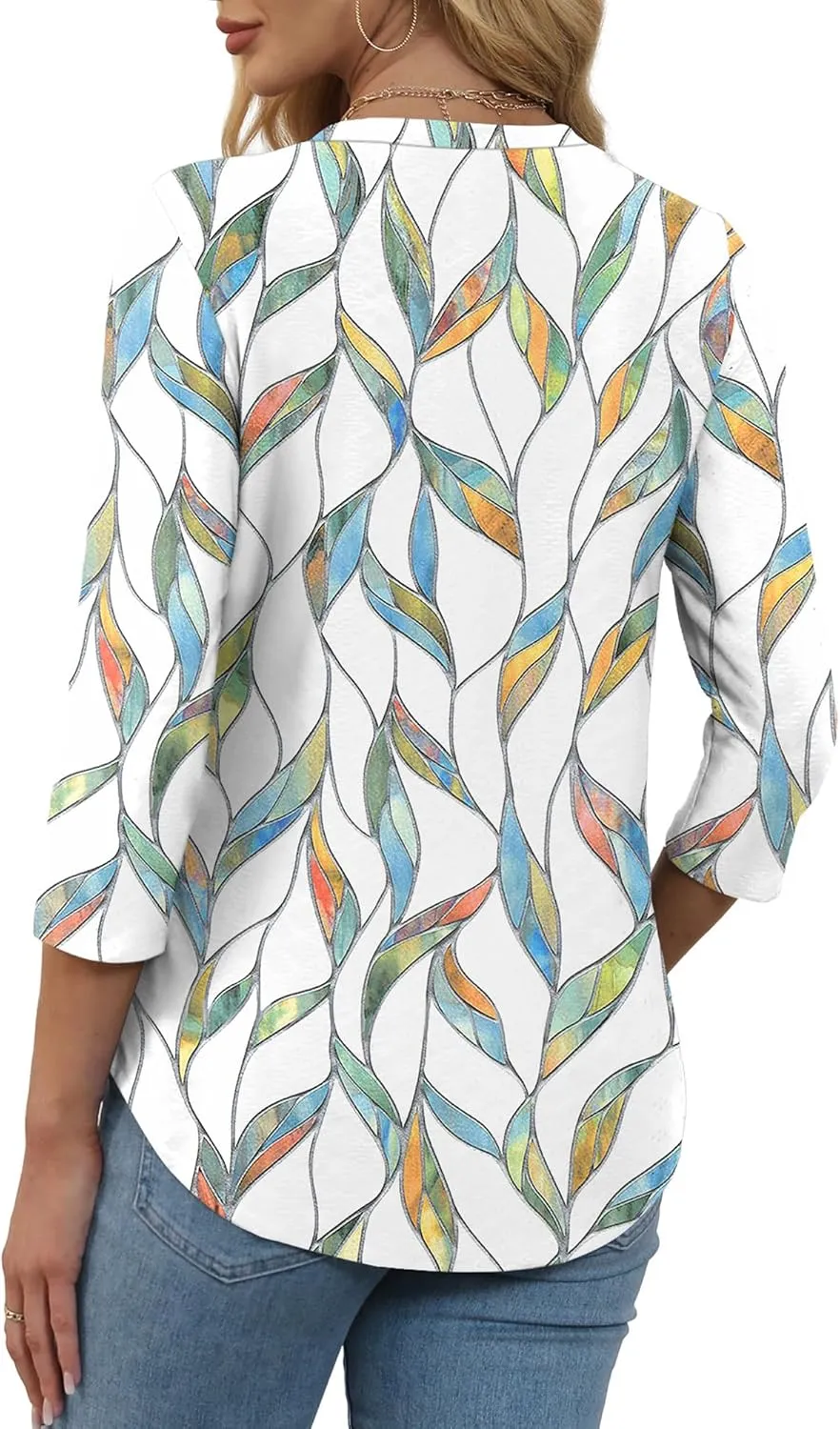 WEESO 3/4 Length Sleeve Womens Tops V Neck Casual Flowy Tunic Tops Loose Fit Blouses Curved Hem Spring Summer Outfits