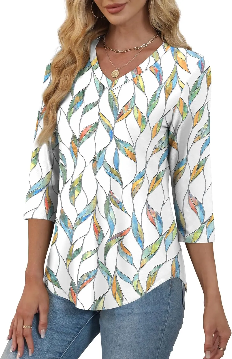 WEESO 3/4 Length Sleeve Womens Tops V Neck Casual Flowy Tunic Tops Loose Fit Blouses Curved Hem Spring Summer Outfits