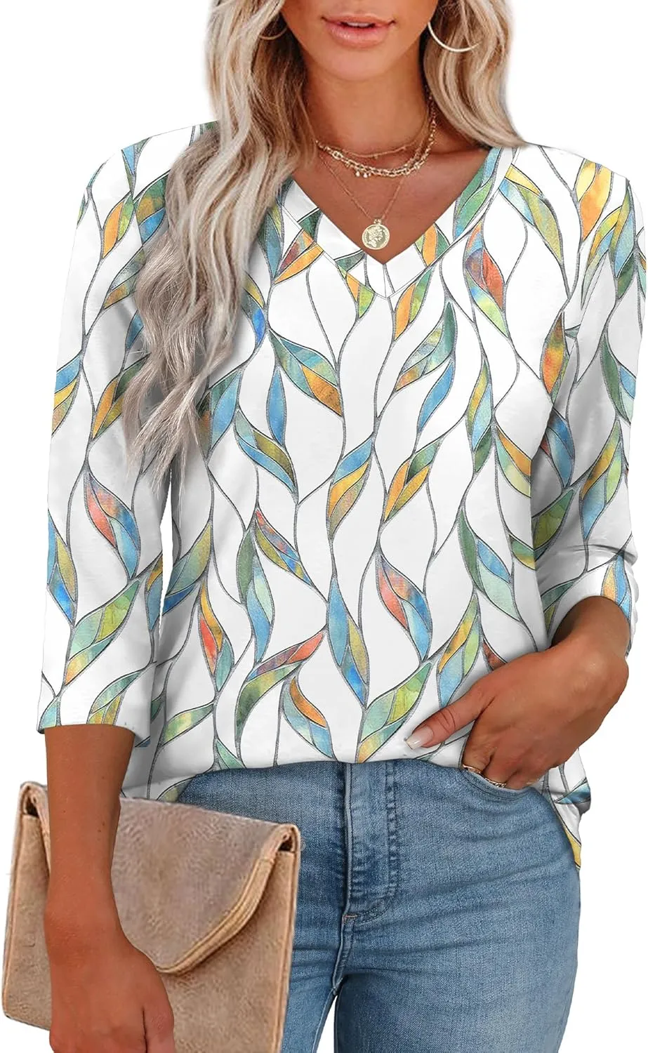 WEESO 3/4 Length Sleeve Womens Tops V Neck Casual Flowy Tunic Tops Loose Fit Blouses Curved Hem Spring Summer Outfits