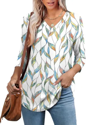 WEESO 3/4 Length Sleeve Womens Tops V Neck Casual Flowy Tunic Tops Loose Fit Blouses Curved Hem Spring Summer Outfits